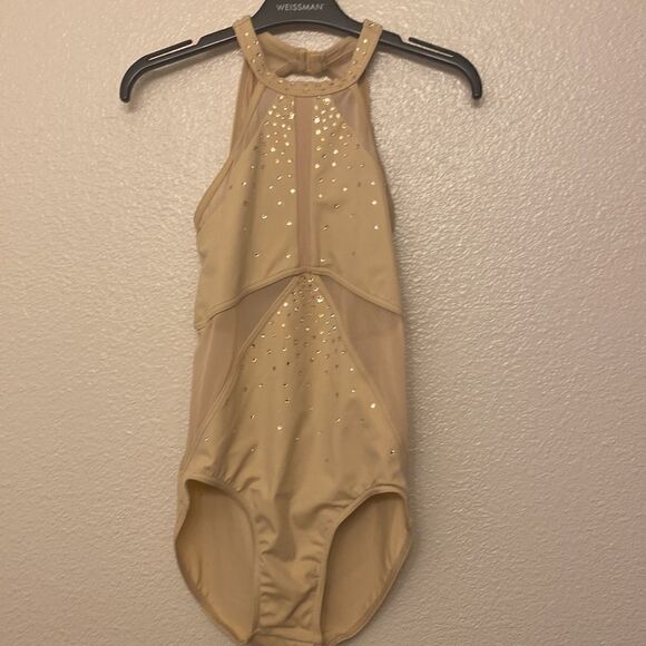 WEISSMAN Ivy Sky Dance Costume beige tan nude Crystal Halter Leotard MT10716-LC - Picture 2 of 12